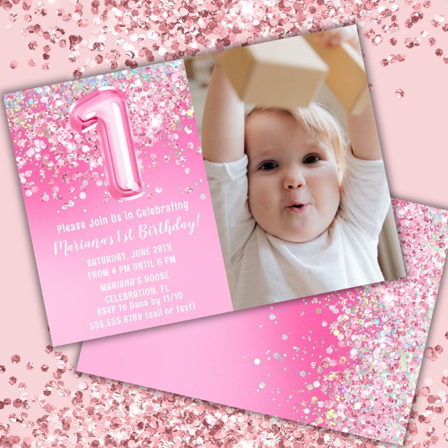 Photo Pink Glitter 1st Birthday Invitation (Creator Uploaded)