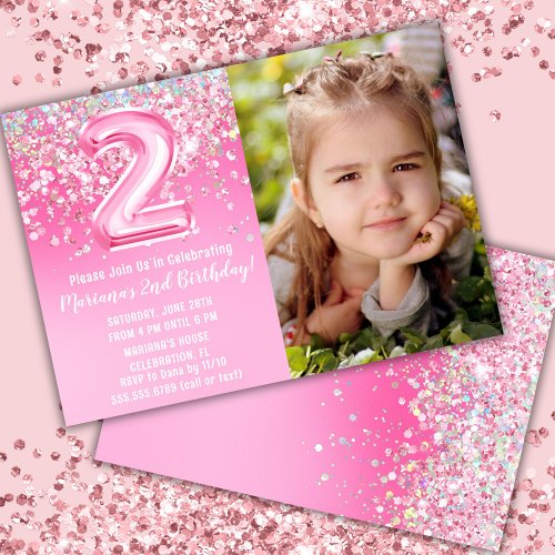 Photo Pink Glitter 2nd Birthday Invitation