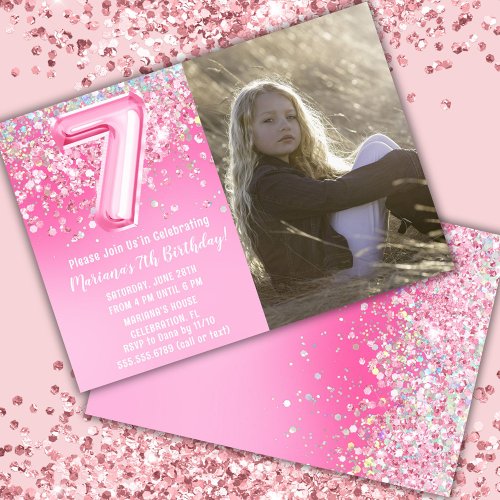 Photo Pink Glitter 7th Birthday Invitation
