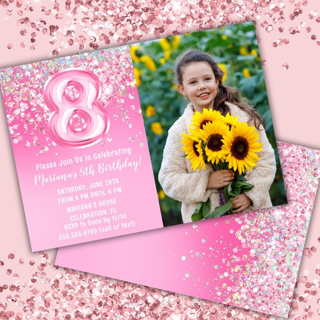 Photo Pink Glitter 8th Birthday Invitation (Creator Uploaded)