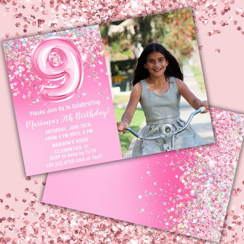 Photo Pink Glitter 9th Birthday Invitation