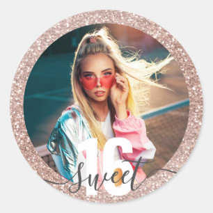 Photo Pink Glitter Modern Sweet 16 Birthday Classi Classic Round Sticker