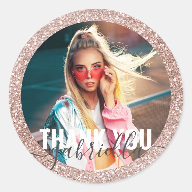 Photo Pink Glitter Modern Sweet 16 Thank You Classic Round Sticker (Front)