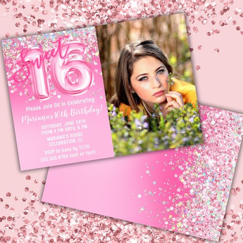 Photo Pink Glitter Sweet 16th Birthday Invitation