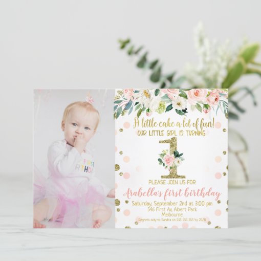 Photo Pink Gold Floral 1st Birthday Invitation | Zazzle