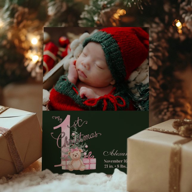Photo  Pink Green Baby First Christmas Holiday Card (Creator Uploaded)