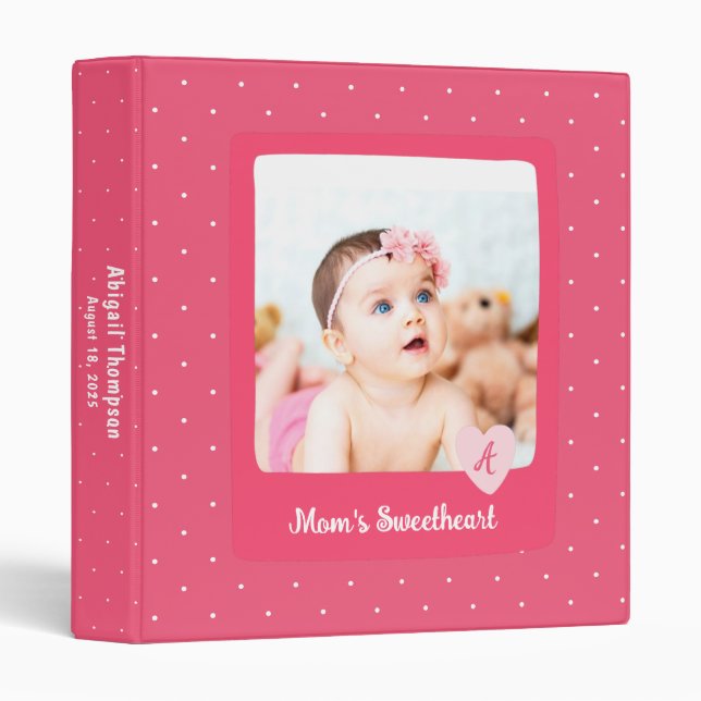 Photo Pink Heart Monogram Baby Girl 3 Ring Binder (Front/Spine)
