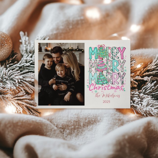 Photo Pink Merry Merry Christmas Tree Holiday Card (Creator Uploaded)