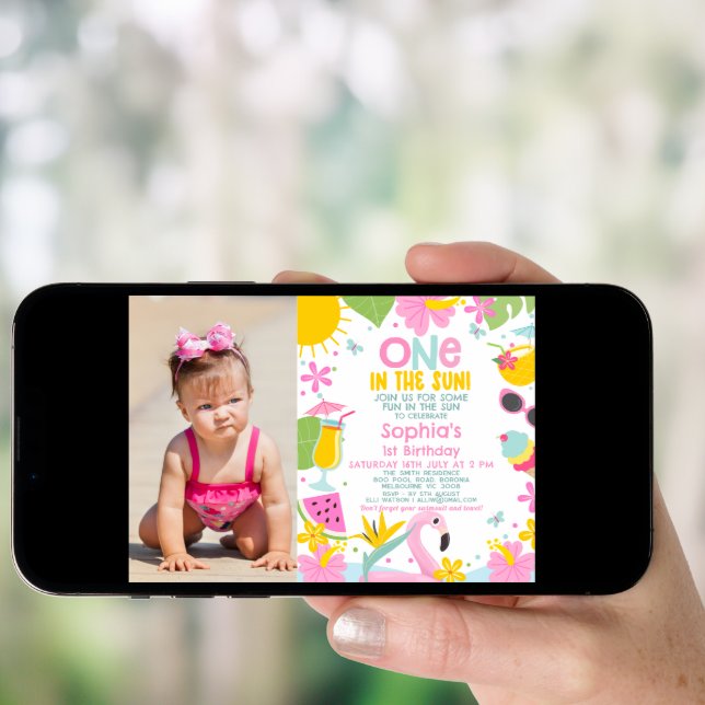 Photo Pink One In The Sun Pool 1st Birthday Invitation (Front Digital)