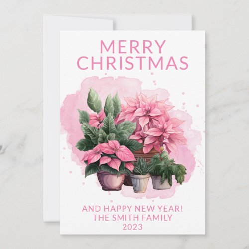 Photo Pink Poinsettia Christmas Holiday Card
