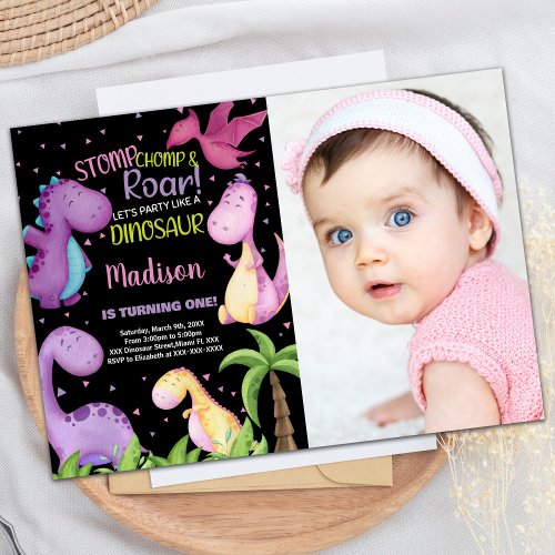 Photo Pink Purple Black Dinosaur Birthday Invitation