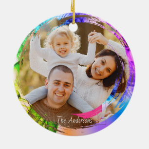 Photo Pink Purple Modern Bats Moon Happy Halloween Ceramic Ornament