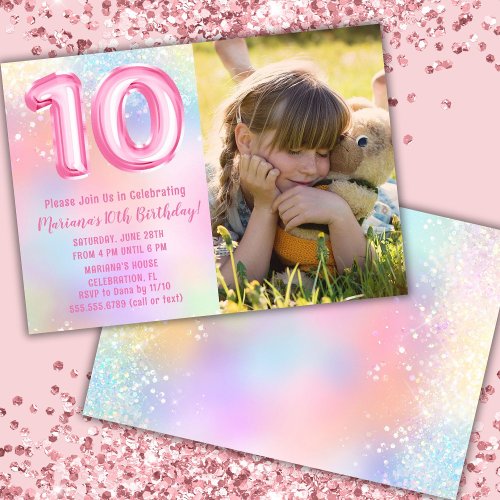 Photo Pink Rainbow 10th Birthday Invitation