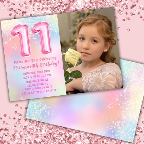 Photo Pink Rainbow 11th Birthday Invitation