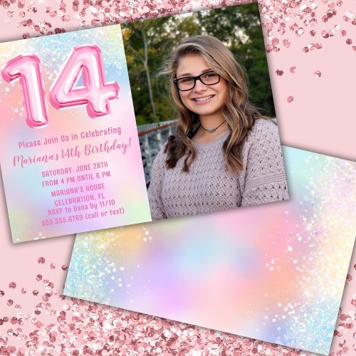 Photo Pink Rainbow 14th Birthday Invitation