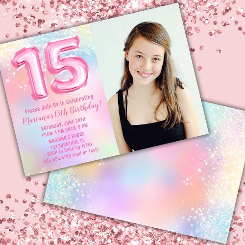 Photo Pink Rainbow 15th Birthday Invitation