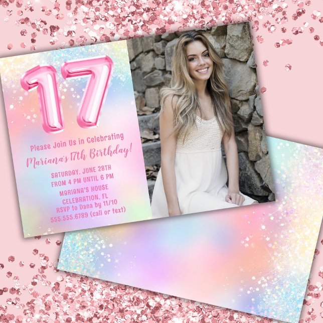 Photo Pink Rainbow 17th Birthday Invitation (Creator Uploaded)