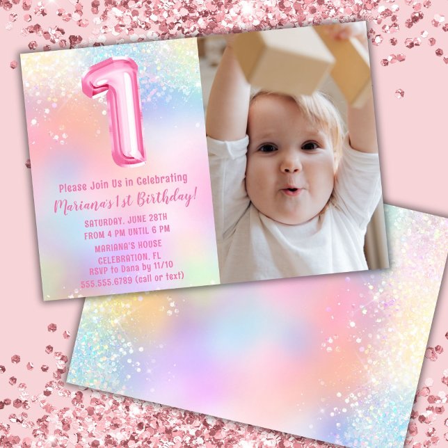 Photo Pink Rainbow 1st Birthday Invitation (Creator Uploaded)