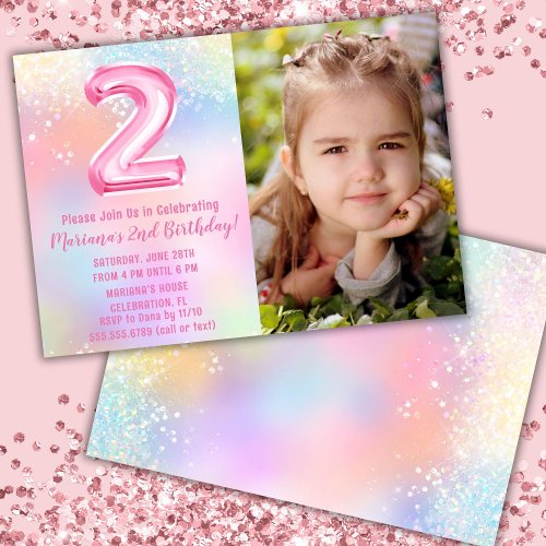 Photo Pink Rainbow 2nd Birthday Invitation