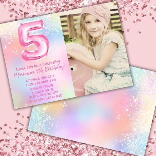 Photo Pink Rainbow 5th Birthday Invitation