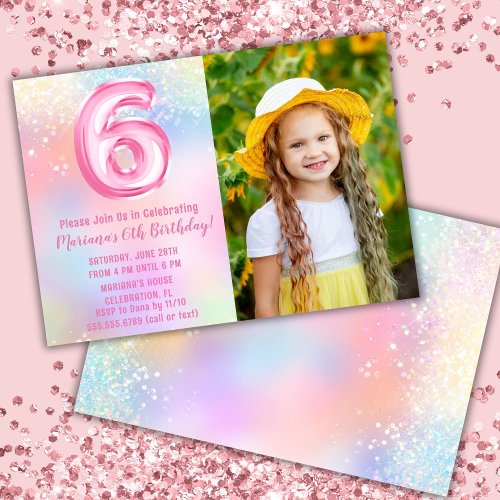 Photo Pink Rainbow 6th Birthday Invitation
