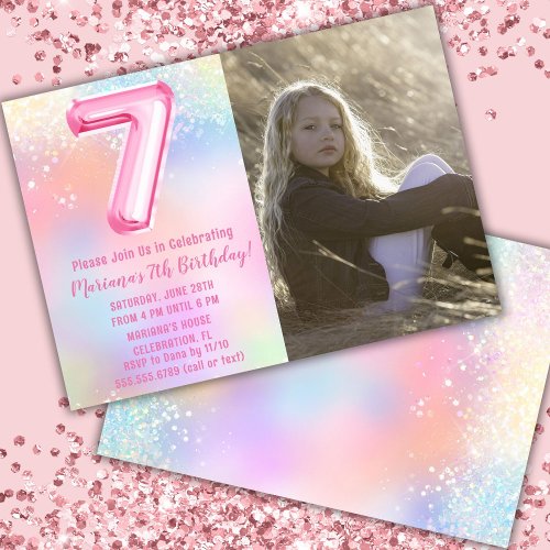 Photo Pink Rainbow 7th Birthday Invitation