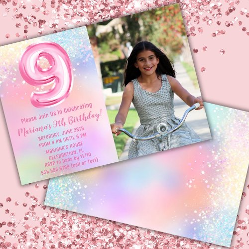 Photo Pink Rainbow 9th Birthday Invitation