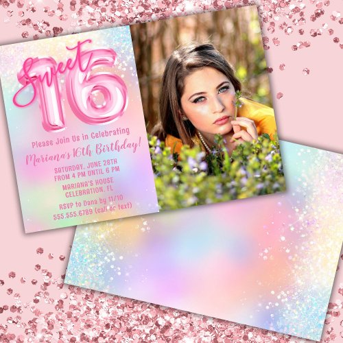Photo Pink Rainbow Sweet 16th Birthday Invitation