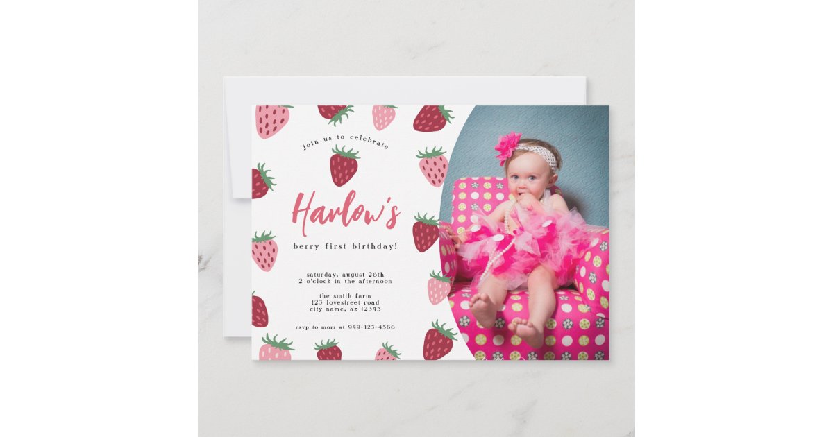 Photo Pink & Red Strawberry Berry first Birthday Invitation | Zazzle
