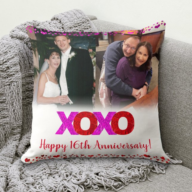 Photo Pink Red XOXO Anniversary Then and Now Chic Throw Pillow (Creator Uploaded)