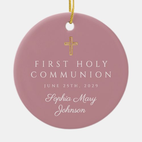 Photo Pink Religious Cross Girl First Communion Ceramic Ornament