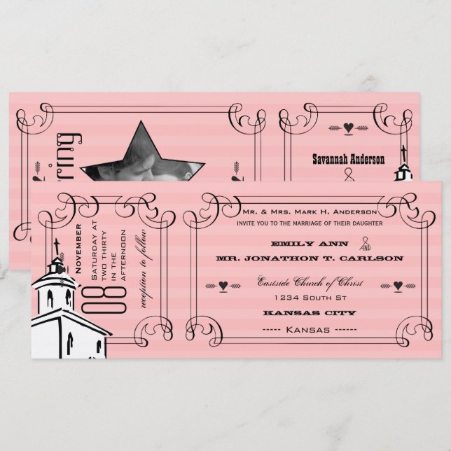 Photo Pink Romantic Chapel Ticket Wedding Invitation (Front/Back)