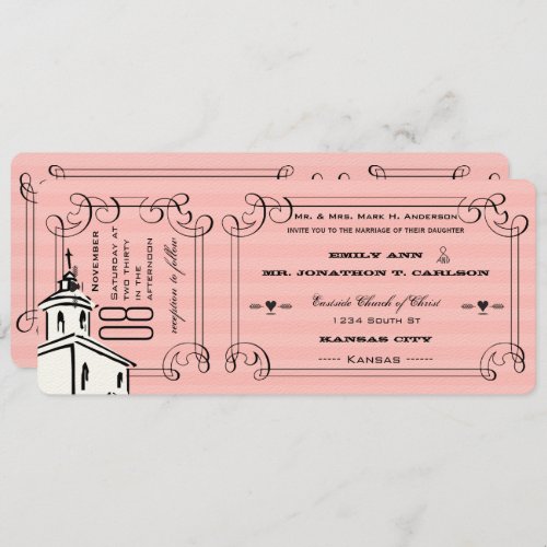 Photo Pink Romantic Chapel Ticket Wedding Invitation