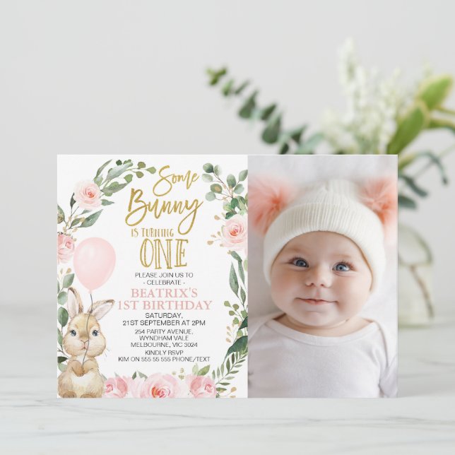 Photo Pink Rose Bunny Turning One 1st Birthday Invitation (Standing Front)