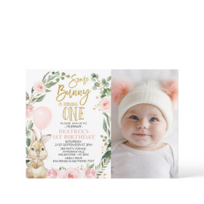 Photo Pink Rose Bunny Turning One 1st Birthday Invitation