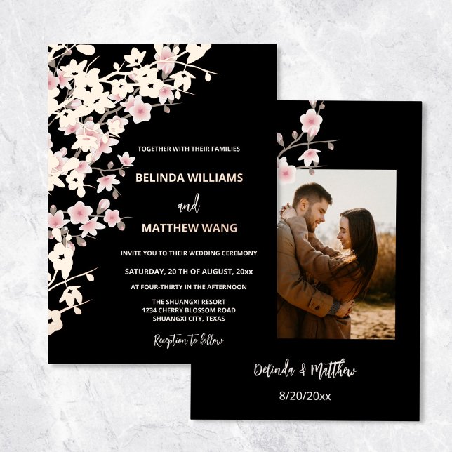PHOTO Pink Rose Gold Cherry Blossom Wedding Foil Invitation (Creator Uploaded)
