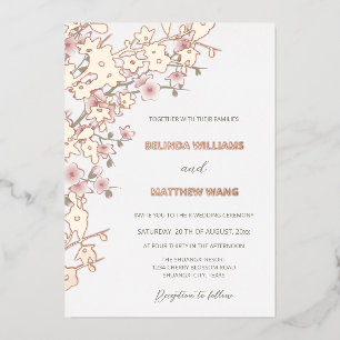 PHOTO Pink Rose Gold Cherry Blossom Wedding Foil Invitation