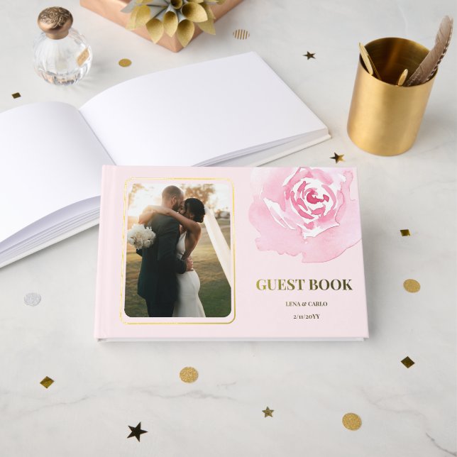 Photo Pink Rose Romantic Wedding Foil Guest Book (Front Open)
