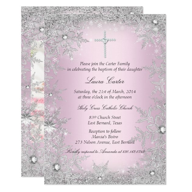 Photo Pink Silver Snowflake Baptism/Christening Card