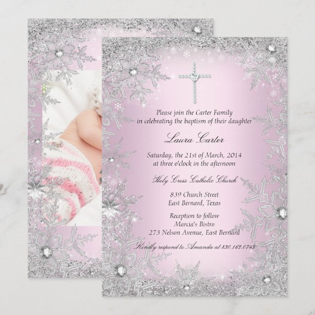 Photo Pink Silver Snowflake Baptism/Christening Invitation (Front/Back)