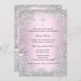 Photo Pink Silver Snowflake Baptism/Christening Invitation
