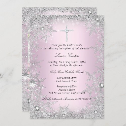 Photo Pink Silver Snowflake BaptismChristening Invitation