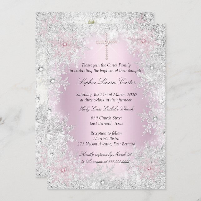 Photo Pink Silver Snowflakes Girl Baptism Cross Invitation (Front/Back)