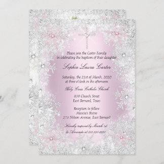 Photo Pink Silver Snowflakes Girl Baptism Cross Invitation