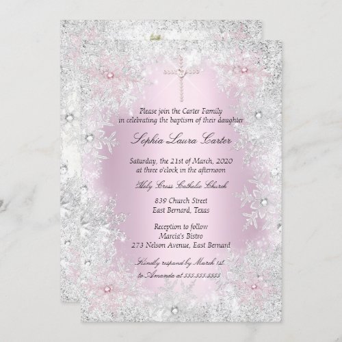 Photo Pink Silver Snowflakes Girl Baptism Cross Invitation