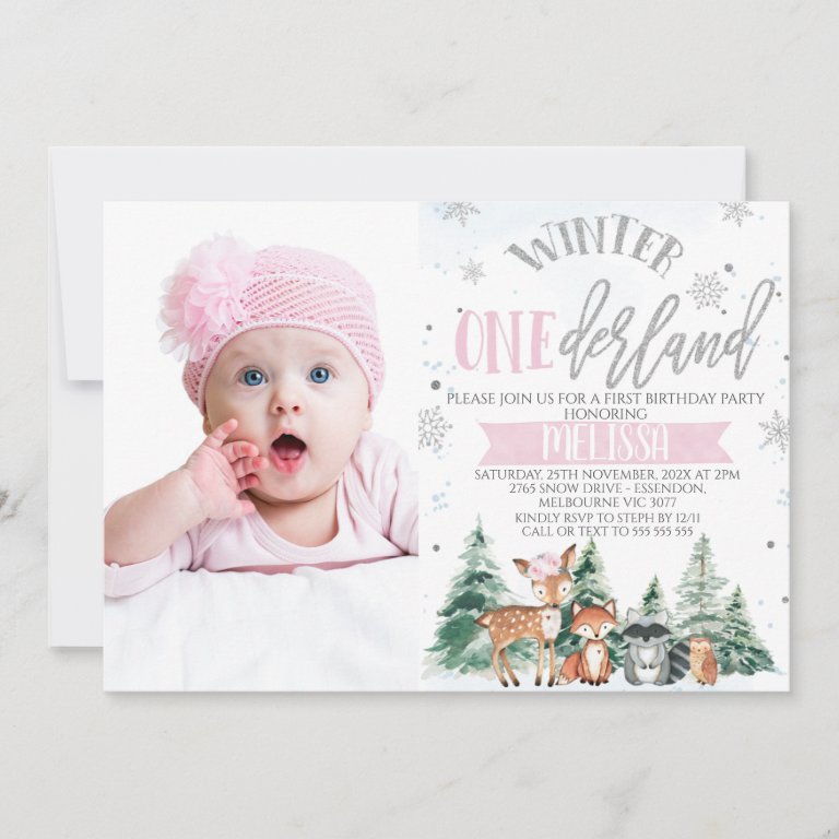 Photo Pink Silver Woodland Onederland 1st Birthday Invitation