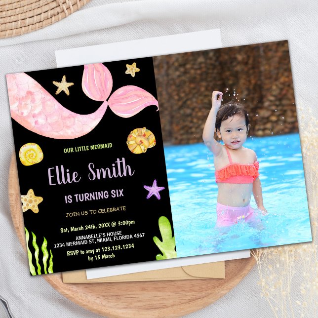 Photo Pink Tail Little Mermaid Birthday Invitation (Photo Pink Tail Little Mermaid Birthday Invitation)