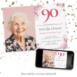 Photo Pink Watercolor Floral 90th Birthday Invitation<br><div class="desc">Photo Pink Watercolor Floral 90th Birthday Invitation. Immerse yourself in a delicate blend of watercolor hues, predominantly pink, and intricate floral details that form a whimsical tapestry of elegance. Elevate the personal touch with a custom photo, seamlessly weaving cherished memories into the invitation's design. This feminine masterpiece not only captures...</div>