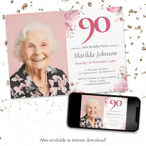 Photo Pink Watercolor Floral 90th Birthday Invitation