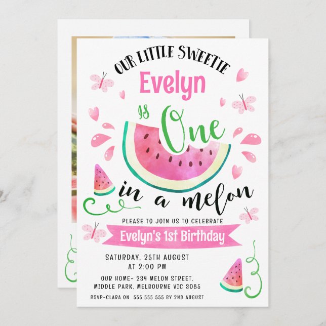 Photo Pink Watermelon One  In A Melon 1st Birthday Invitation (Front/Back)
